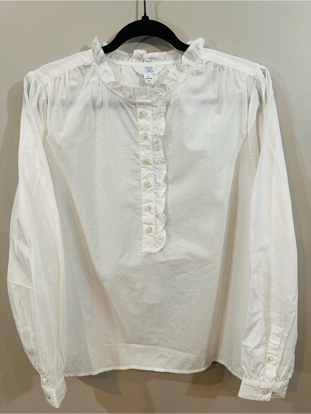 NWT Time and Tru White Ruffle Placket Long-Sleeve Shirt